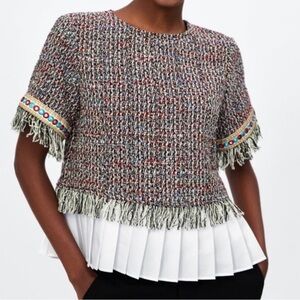 Zara lightweight tweed fringe pleated peplum top XS